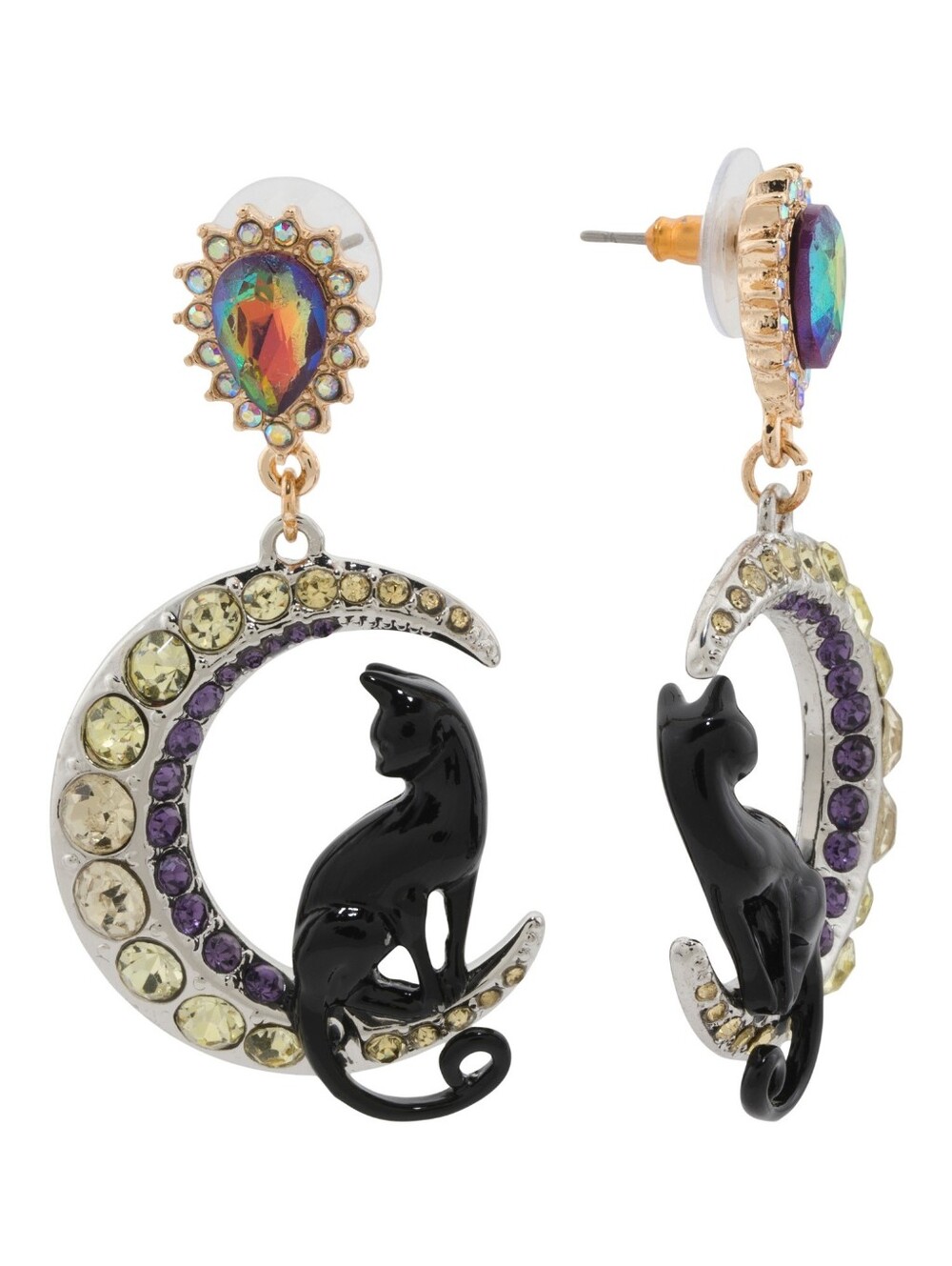 Betsey Johnson Black Cat Crescent Drop Earrings with Multicolor Gem Accent New
